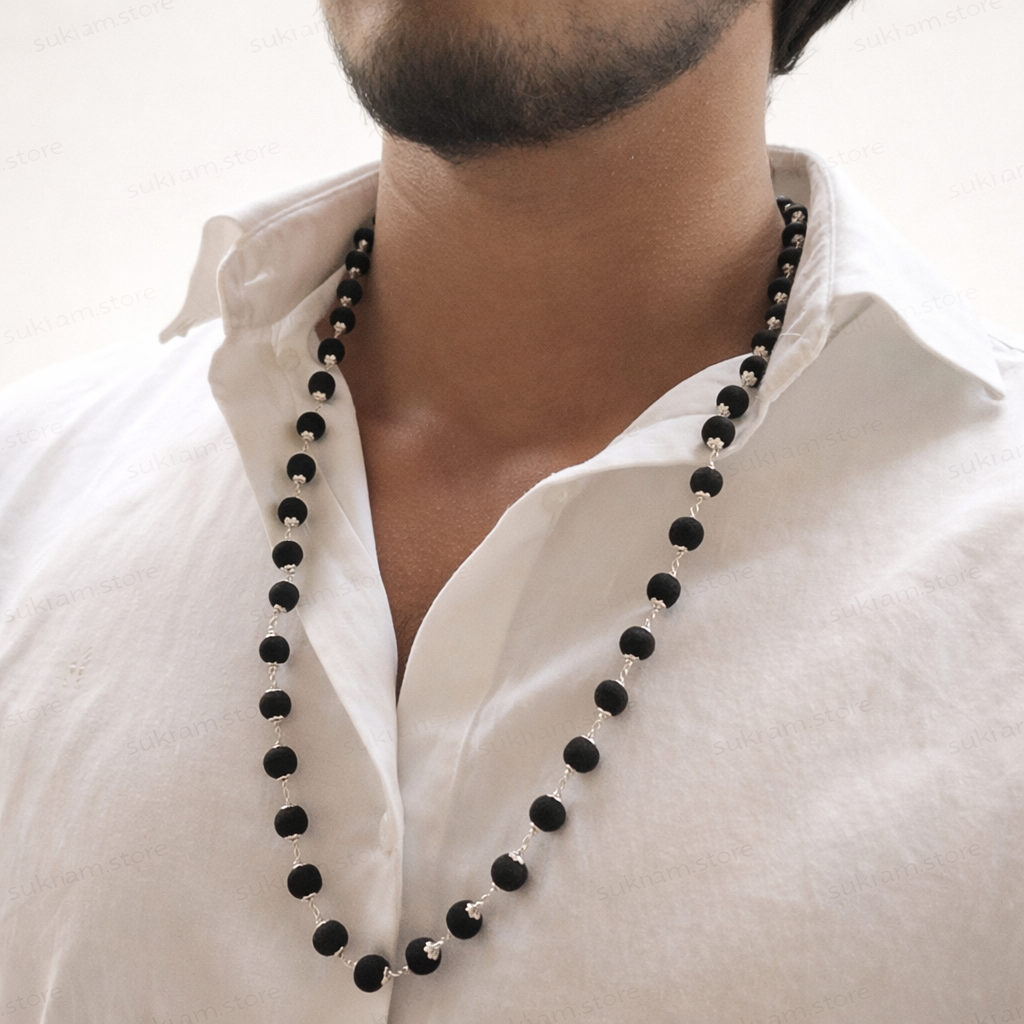 Silver Plated Karungali Mala – Natural Ebony Wood Spiritual Protection Necklace