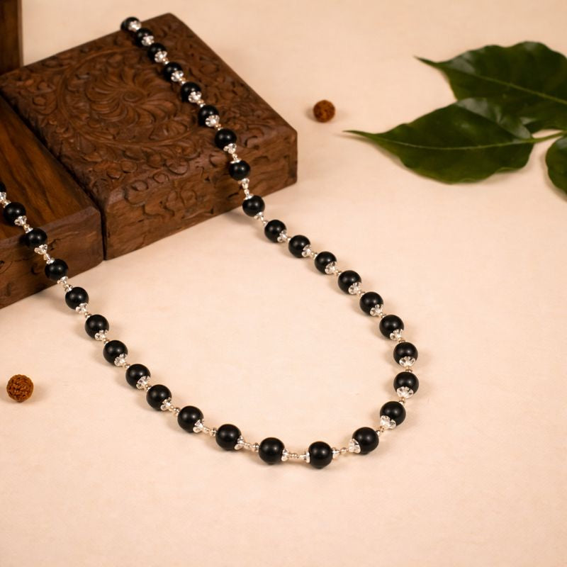 Silver Plated Karungali Mala – Natural Ebony Wood Spiritual Protection Necklace