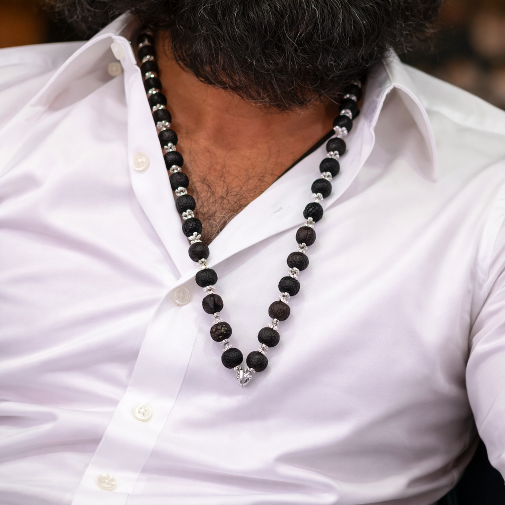 Silver Plated Karungali Mala – Natural Ebony Wood Spiritual Protection Necklace