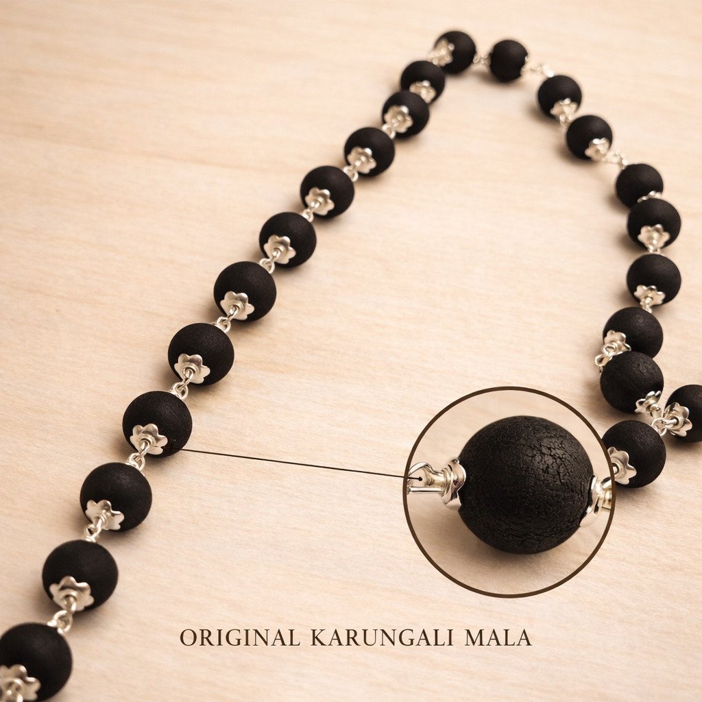 Silver Plated Karungali Mala – Natural Ebony Wood Spiritual Protection Necklace